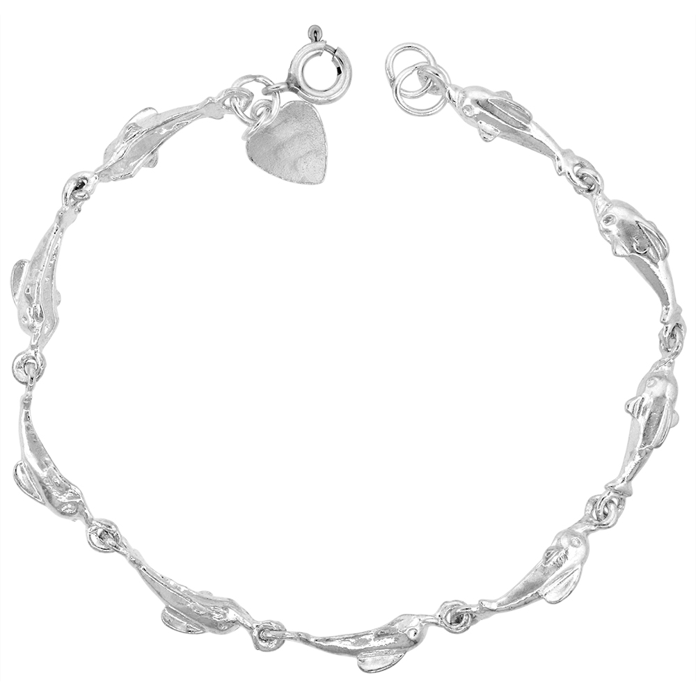 3/16 INCH WIDE STERLING SILVER DOLPHIN CHARM BRACELET FOR WOMEN 5MM FITS 7-8 INCH WRISTS