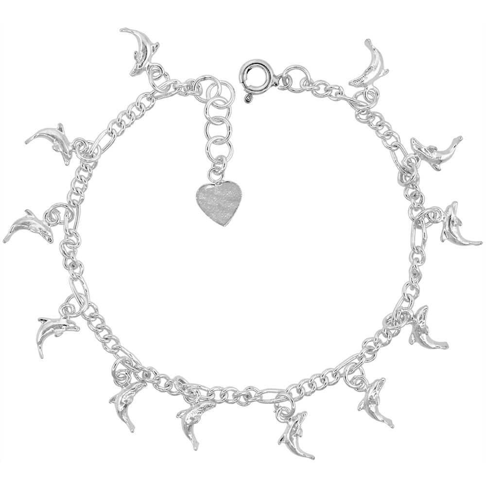 STERLING SILVER DANGLING TEENY DOLPHINS CHARM BRACELET FOR WOMEN 15MM DROPS FITS 7-8 INCH WRISTS
