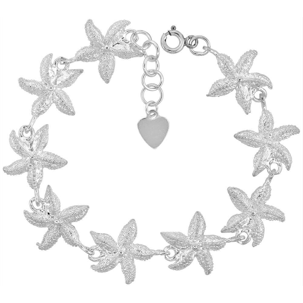 5/16 INCH WIDE STERLING SILVER LINKED STARFISH CHARM BRACELET FOR WOMEN 18MM FITS 7-8 INCH WRISTS