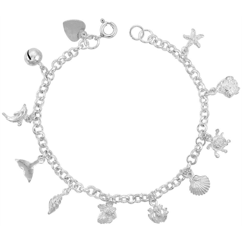 STERLING SILVER DANGLING NAUTICAL CHARM BRACELET FOR WOMEN 15MM DROPS FITS 7-8 INCH WRISTS