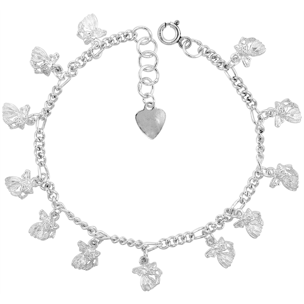 STERLING SILVER DANGLING GOLDFISH CHARM BRACELET FOR WOMEN 12MM DROPS FITS 7-8 INCH WRISTS