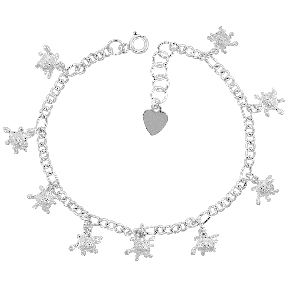 STERLING SILVER DANGLING TURTLES CHARM BRACELET FOR WOMEN 12MM DROPS FITS 7-8 INCH WRISTS