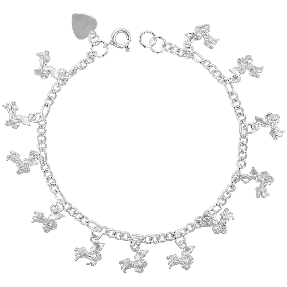 STERLING SILVER DANGLING PEGASUS CHARM BRACELET FOR WOMEN 12MM DROPS FITS 7-8 INCH WRISTS