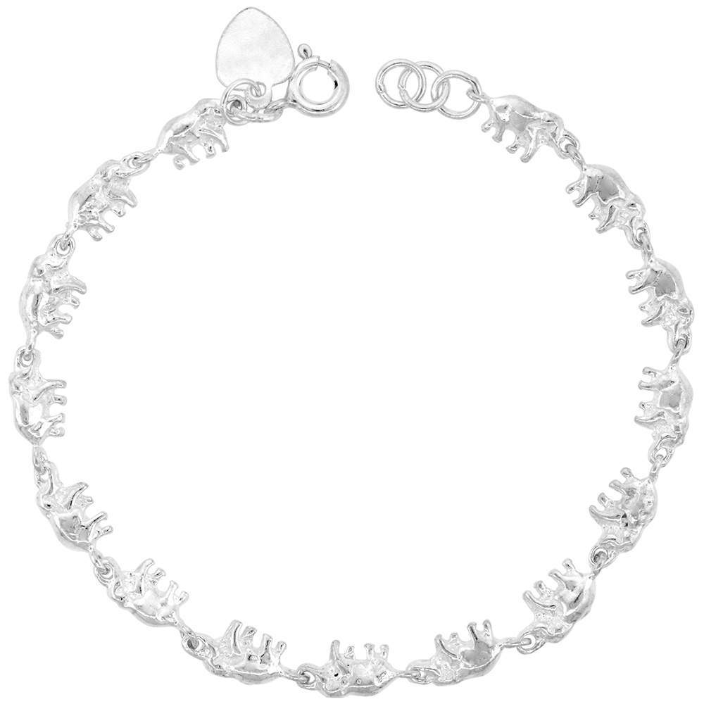1/4 INCH WIDE STERLING SILVER LINKED ELEPHANTS CHARM BRACELET FOR WOMEN 7MM FITS 7-8 INCH WRISTS