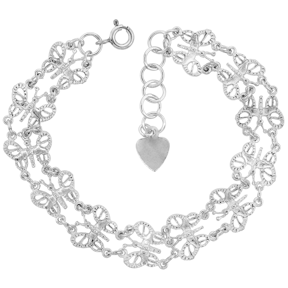 5/8 INCH WIDE STERLING SILVER LINKED BUTTERFLY CHARM BRACELET FOR WOMEN 14MM FITS 7-8 INCH WRISTS