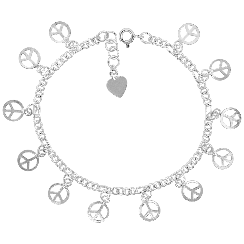 STERLING SILVER DANGLING PEACE SIGN CHARM BRACELET FOR WOMEN 13MM DROP FITS 7-8 INCH WRISTS