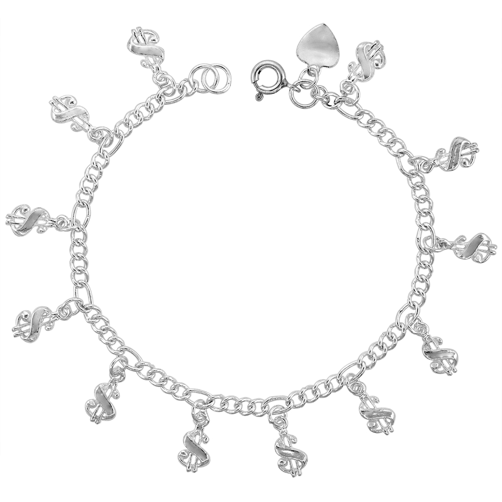 STERLING SILVER DANGLING DOLLAR SIGNS CHARM BRACELET FOR WOMEN 18MM DROPS FITS 7-8 INCH WRISTS