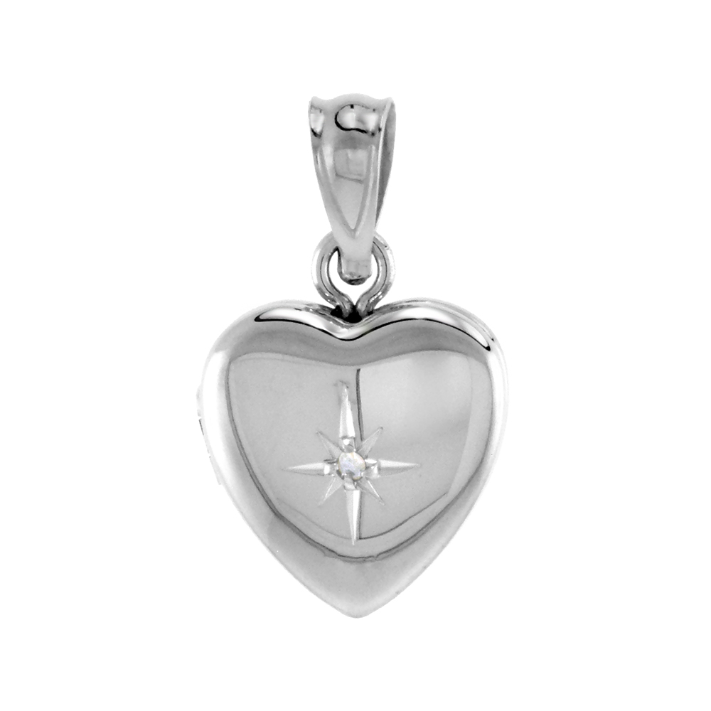 Very Tiny 1/2 inch Sterling Silver Diamond Heart Locket Necklace for Women 16-20 inch