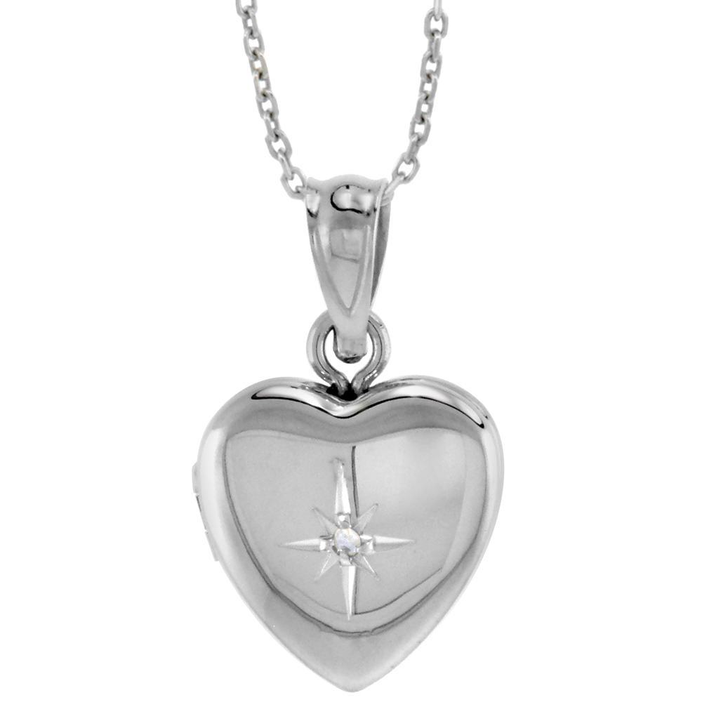 Very Tiny 1/2 inch Sterling Silver Diamond Heart Locket Necklace for Women 16-20 inch