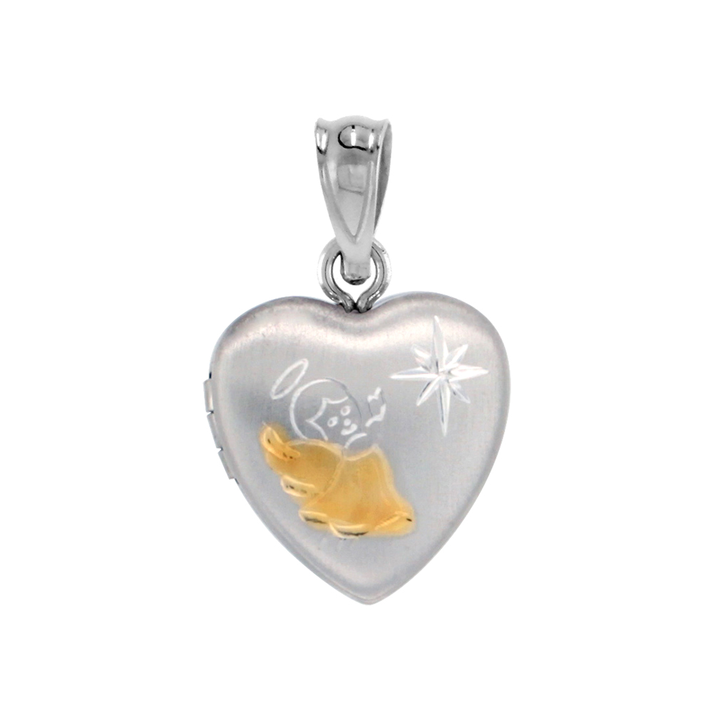 VERY TINY 1/2 INCH STERLING SILVER ANGEL LOCKET FOR WOMEN HEART SHAPE TWO TONE NO CHAIN
