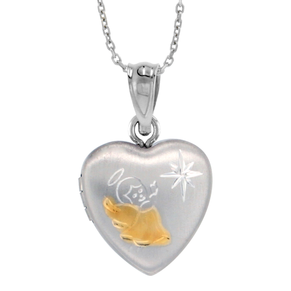 Very Tiny 1/2 inch Sterling Silver Angel Locket Necklace for Girls for Girls Heart shape Two Tone 16-20 inch
