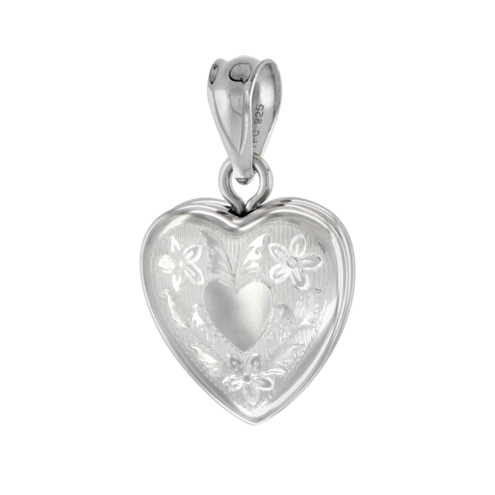 VERY TINY 1/2 INCH STERLING SILVER HEART LOCKET PENDANT FOR WOMEN FLORAL ENGRAVING NO CHAIN