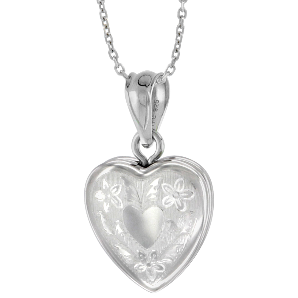 Very Tiny 1/2 inch Sterling Silver Heart Locket Necklace for Women Floral Engraving 16-20 inch