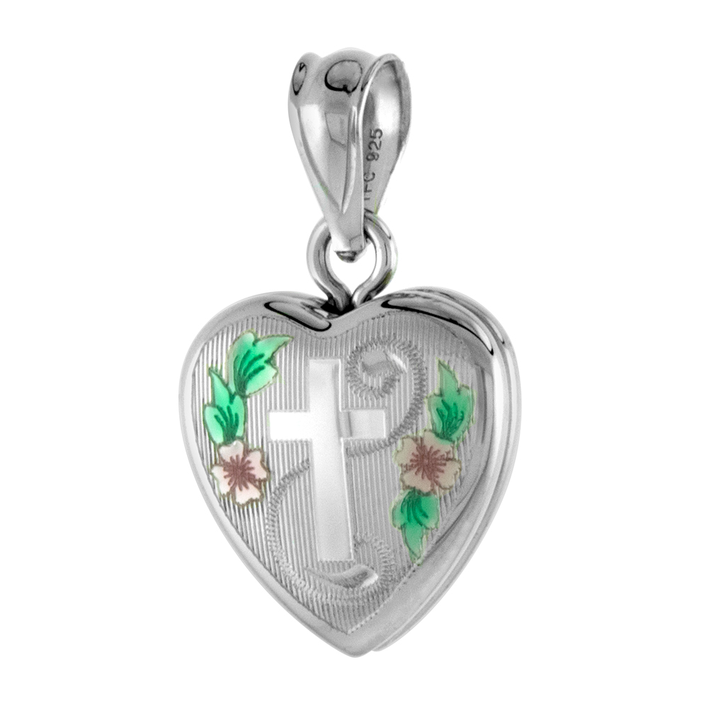 Very Tiny 1/2 inch Sterling Silver Cross Locket Heart shape Green & Pink Enamel NO CHAIN