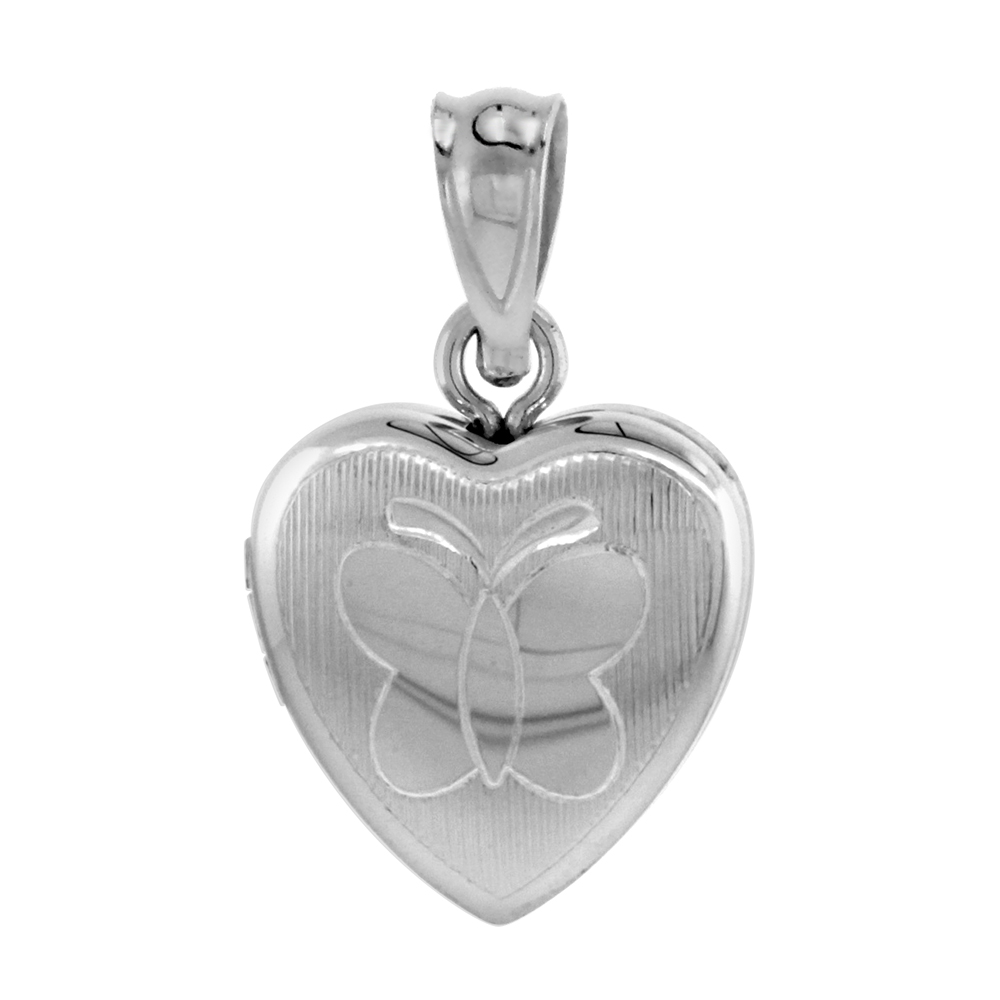 Very Tiny 1/2 inch Sterling Silver Butterfly Locket Heart Shape Engraved Stripes NO CHAIN
