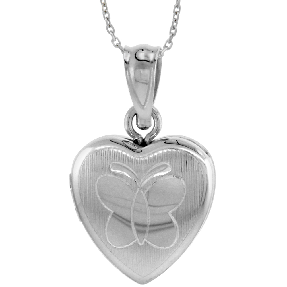 Very Tiny 1/2 inch Sterling Silver Butterfly Locket Necklace for Girls Heart Shape Engraved Stripes 16-20 inch