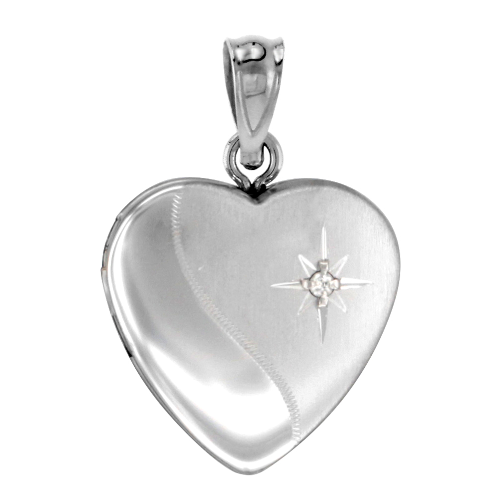 Small 5/8 inch Sterling Silver Diamond Heart Locket Necklace for Women 16-20 inch