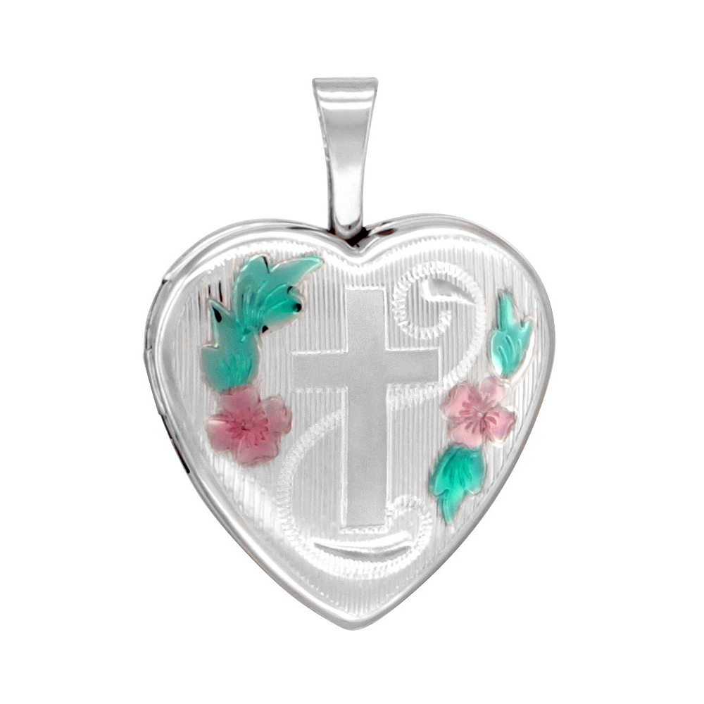 SMALL 5/8 INCH STERLING SILVER CROSS LOCKET HEART SHAPE GREEN & PINK ENAMEL NO CHAIN
