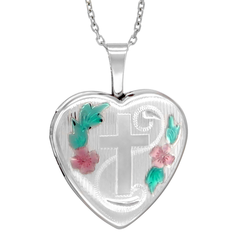 Small 5/8 inch Sterling Silver Cross Locket Necklace for Women Heart shape Green & Pink Enamel 16-20 inch