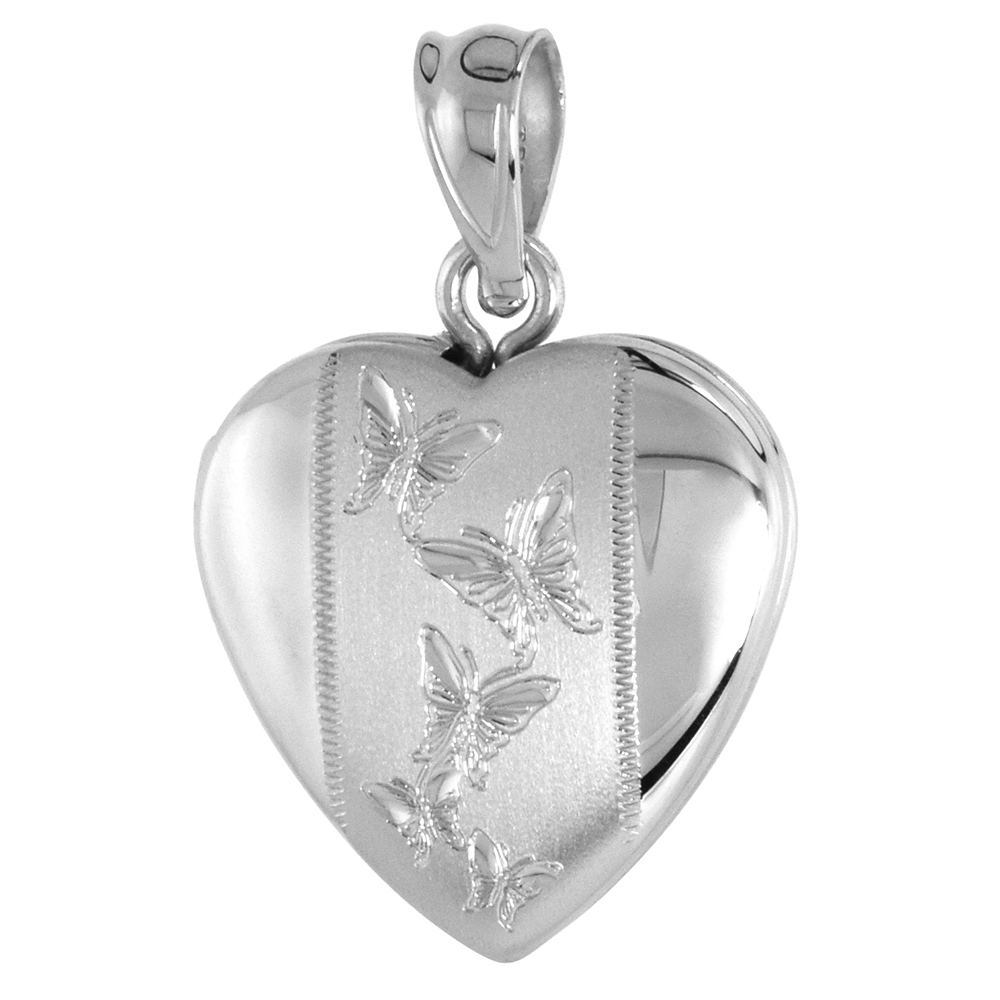 SMALL 5/8 INCH STERLING SILVER HEART LOCKET PENDANT FOR WOMEN BUTTERFLIES NO CHAIN