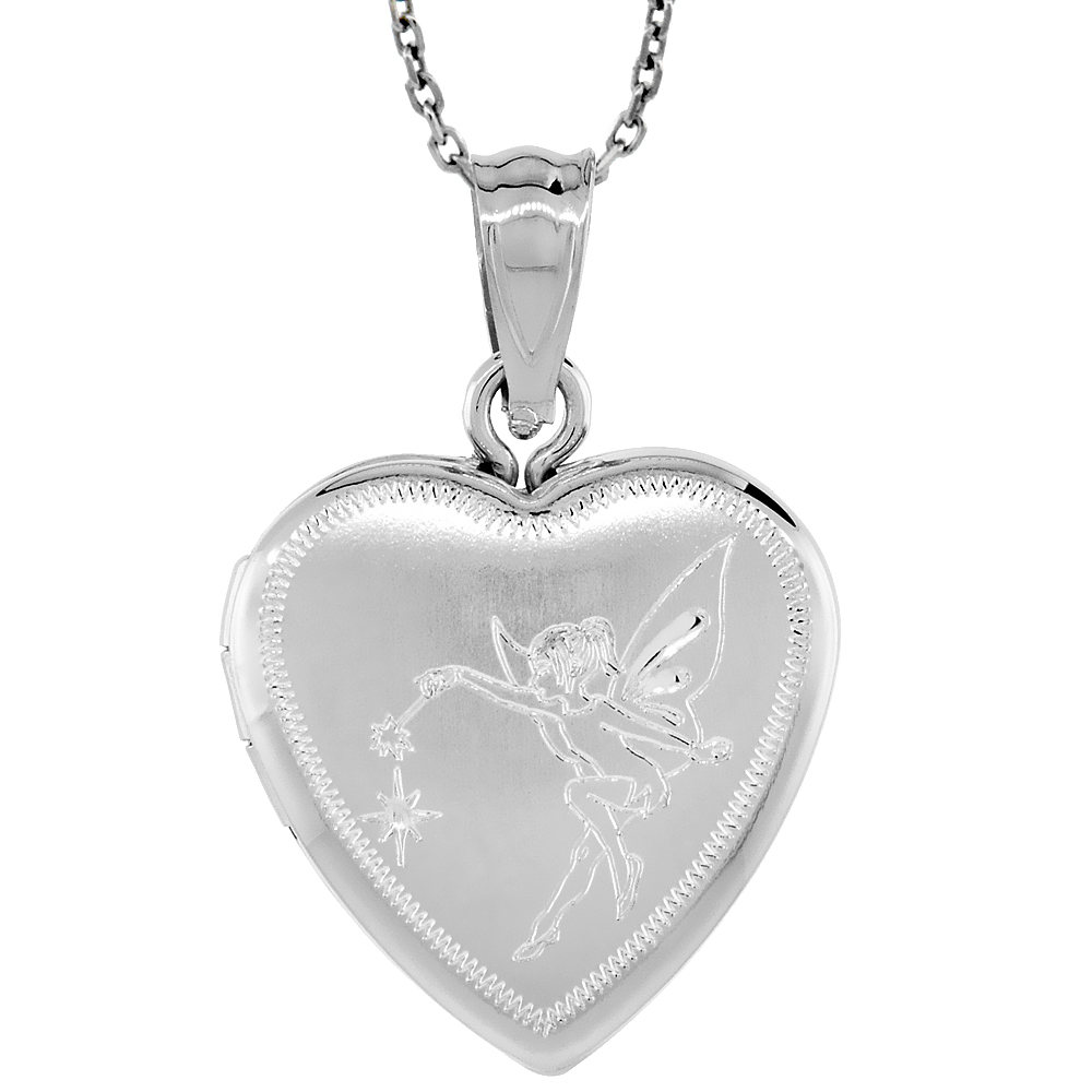 Small 5/8 inch Sterling Silver Fairy Locket Necklace for Women Heart shape 16-20 inch
