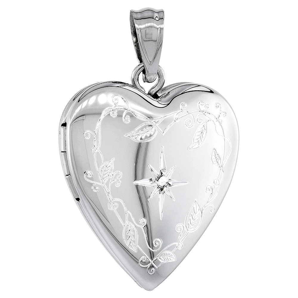 3/4 INCH STERLING SILVER DIAMOND HEART LOCKET PENDANT FOR WOMEN ENGRAVED STAR NO CHAIN