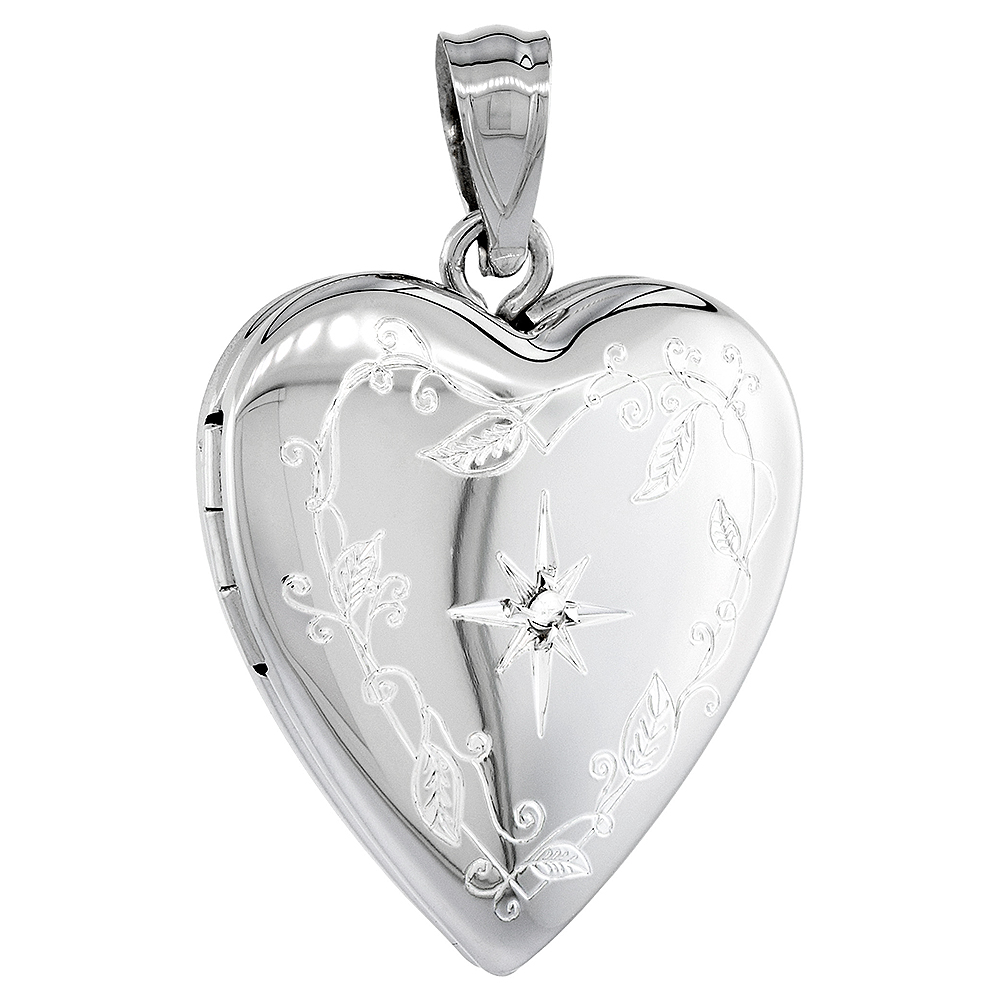3/4 inch Sterling Silver Diamond Heart Locket Necklace for Women Engraved Star 16-20 inch