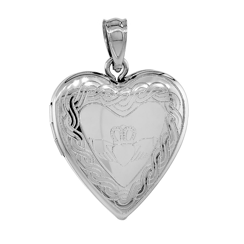 3/4 inch Sterling Silver Claddagh Locket Heart Shape Necklace Celtic Knot Motif 16-20 inch