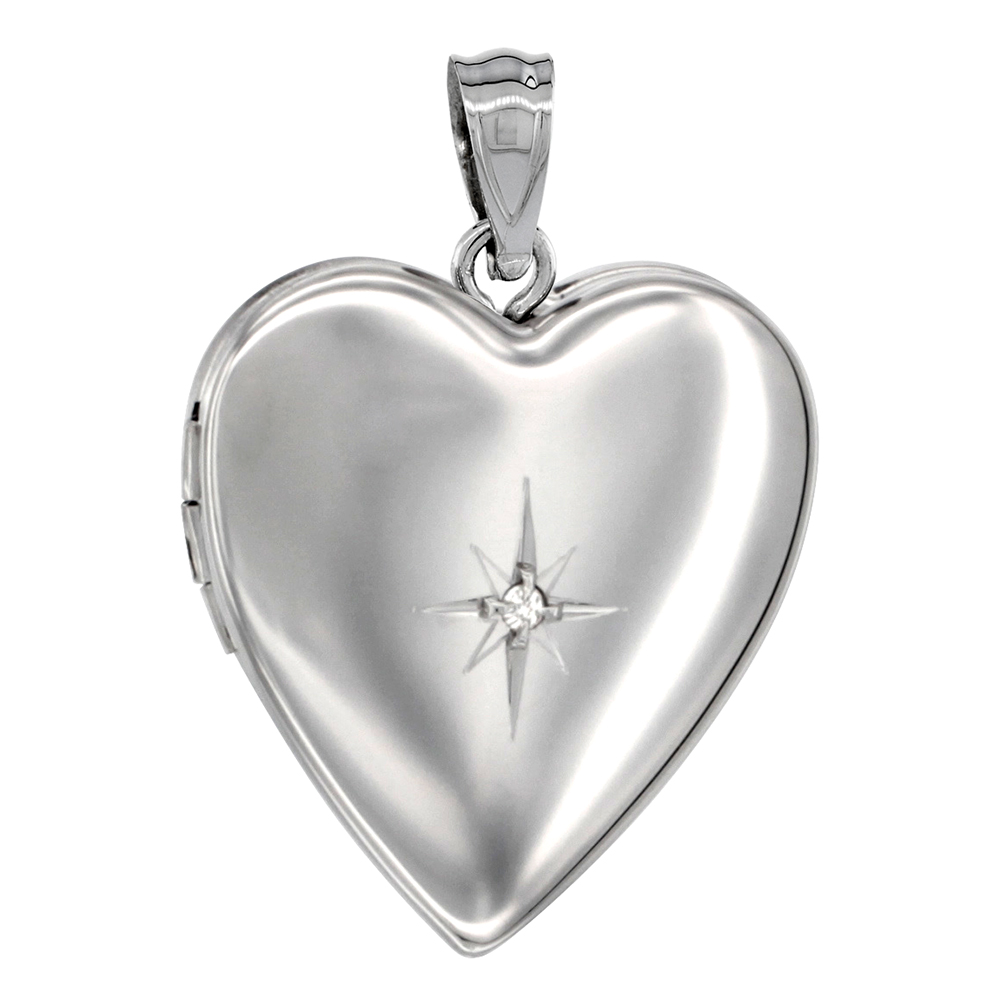 3/4 INCH STERLING SILVER DIAMOND HEART LOCKET PENDANT FOR WOMEN NO CHAIN