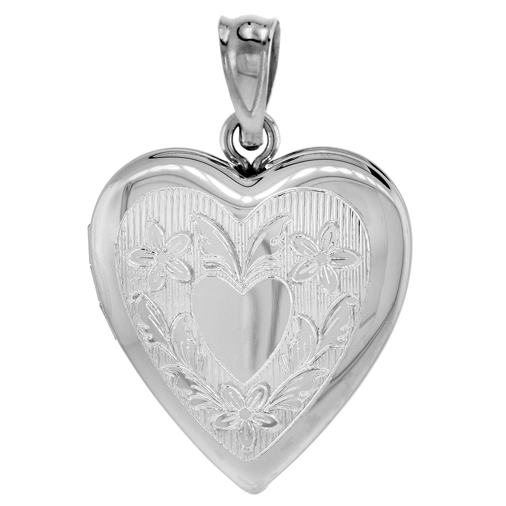 3/4 INCH STERLING SILVER HEART LOCKET PENDANT FOR WOMEN FLORAL ENGRAVING NO CHAIN