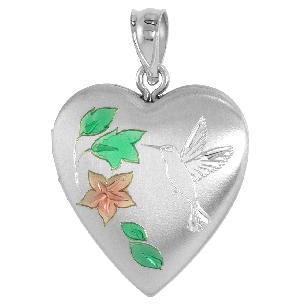 3/4 INCH STERLING SILVER HUMMINGBIRD LOCKET HEART SHAPE NO CHAIN