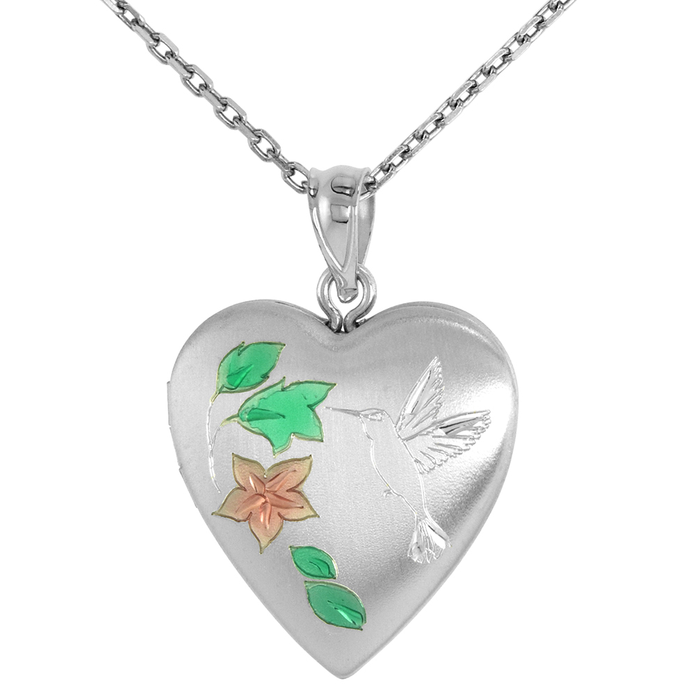 3/4 inch Sterling Silver Hummingbird Locket Necklace for Women Heart shape 16-20 inch