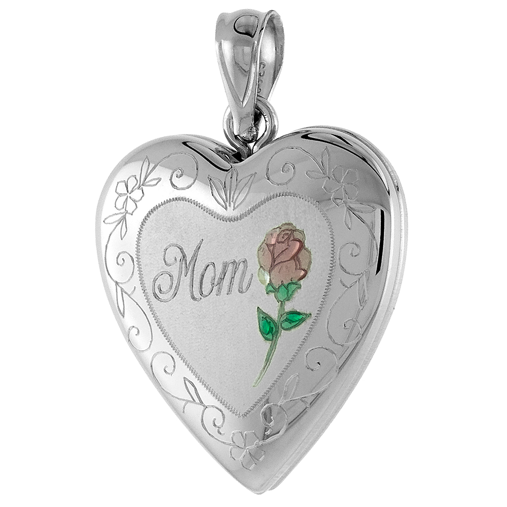 3/4 INCH STERLING SILVER HEART LOCKET PENDANT FOR WOMEN MOM & RED ROSE NO CHAIN