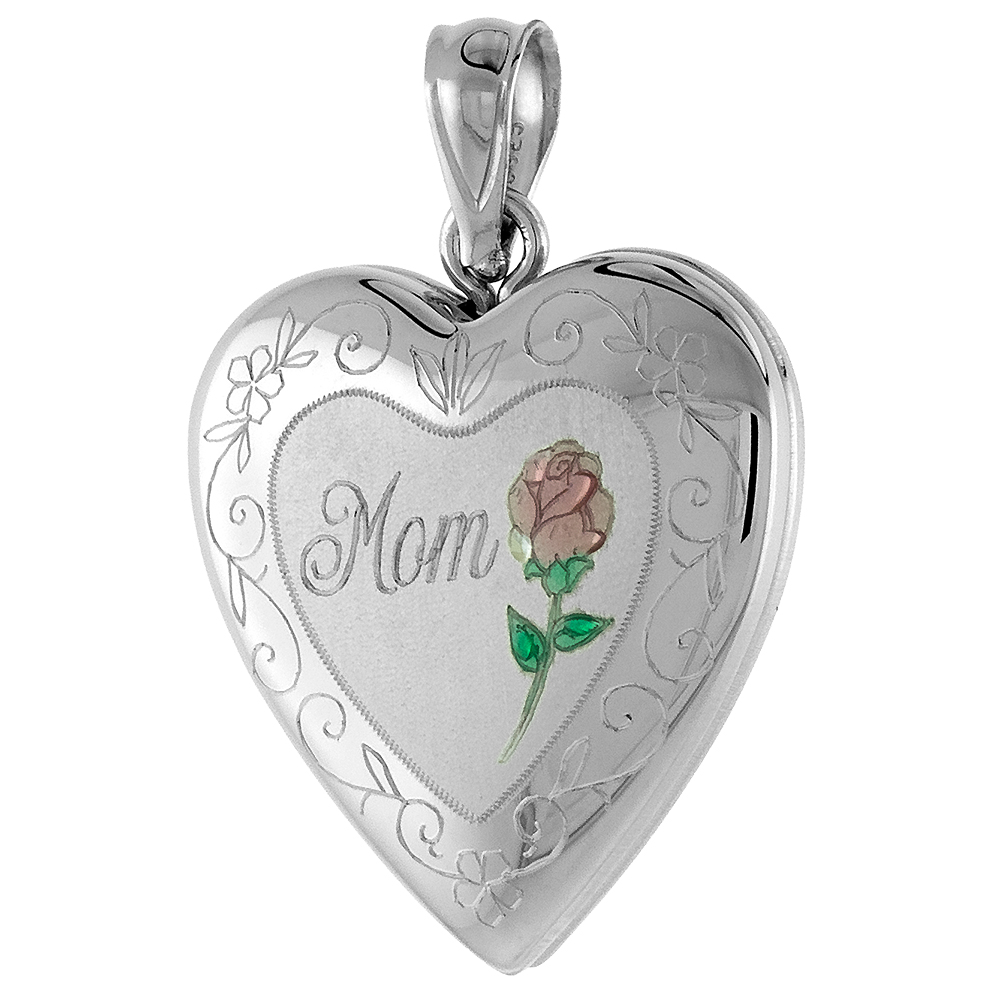 3/4 inch Sterling Silver Heart Locket Pendant for Women MOM & Red Rose NO CHAIN