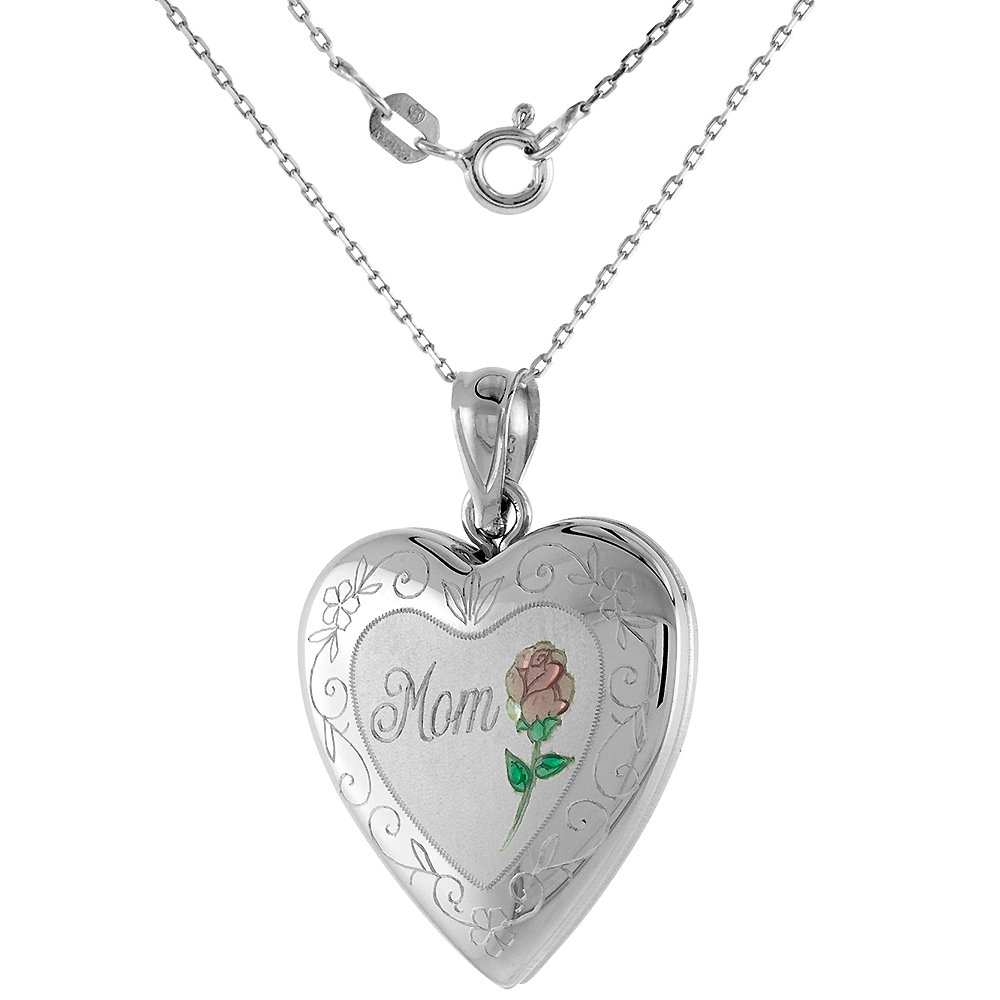 3/4 inch Sterling Silver Heart Locket Necklace for Women MOM & Red Rose 16-20 inch