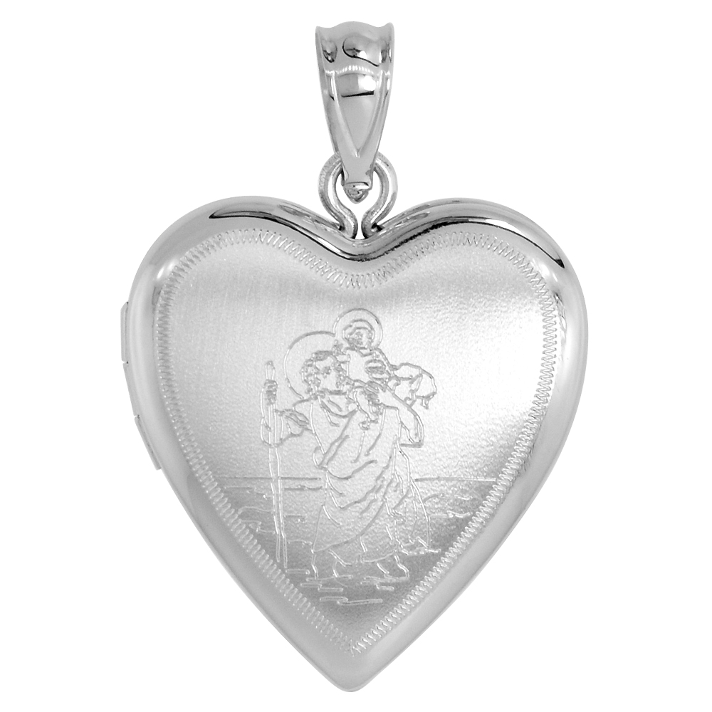 3/4 INCH STERLING SILVER ST CHRISTOPHER LOCKET PENDANT FOR WOMEN HEART SHAPE NO CHAIN