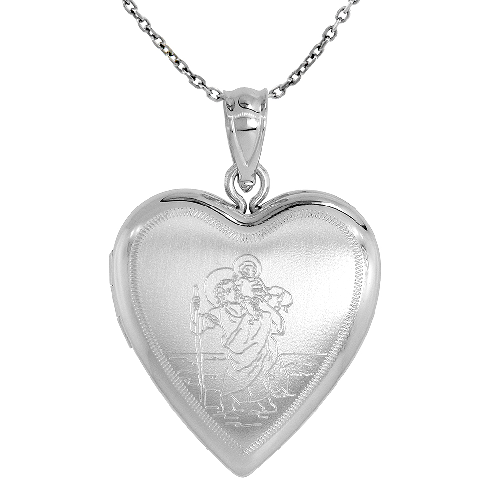 3/4 inch Sterling Silver St Christopher Locket Necklace for Women Heart Shape 16-20 inch