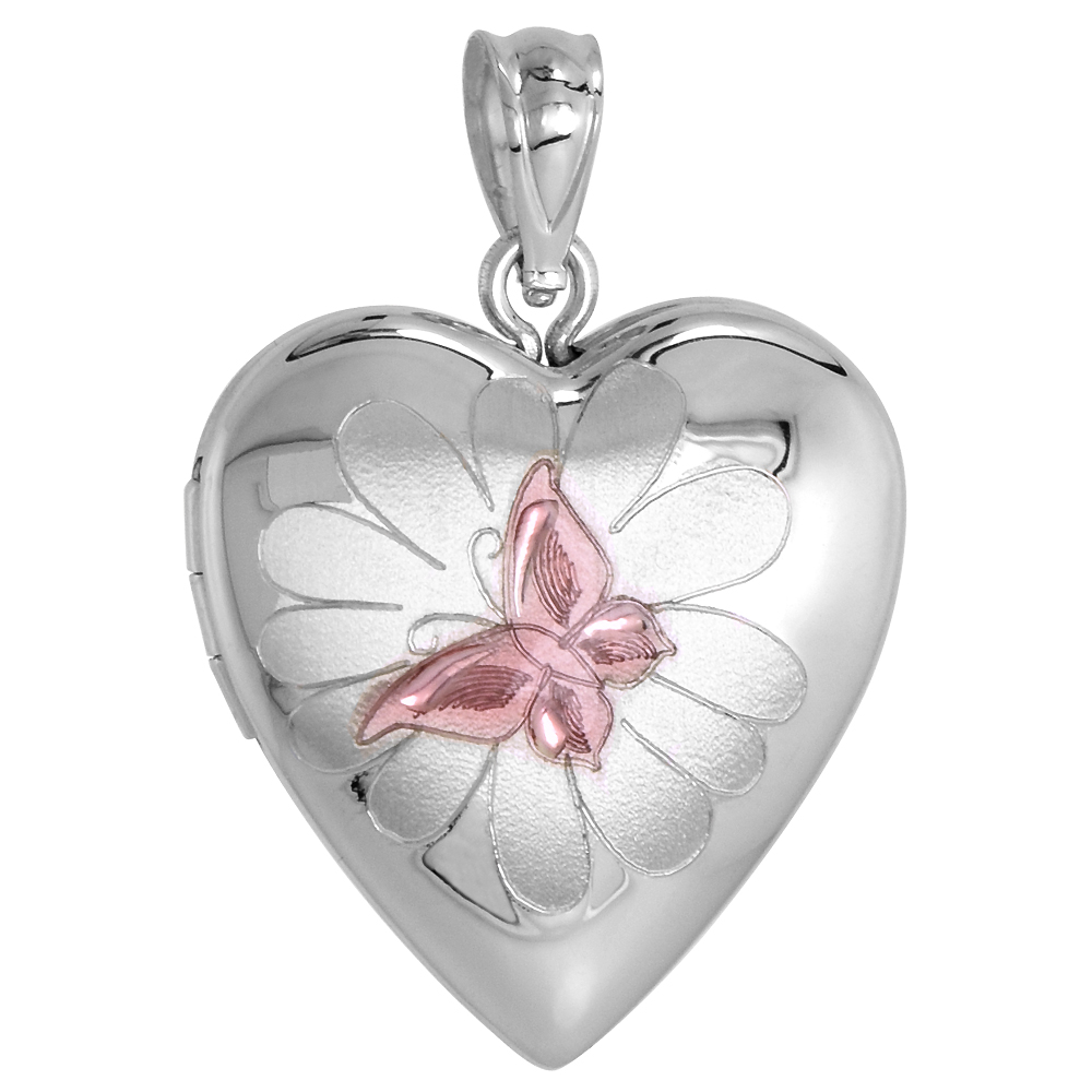 3/4 INCH STERLING SILVER BUTTERFLY ON FLOWER LOCKET HEART SHAPE PINK ENAMEL3/4 INCH NO CHAIN