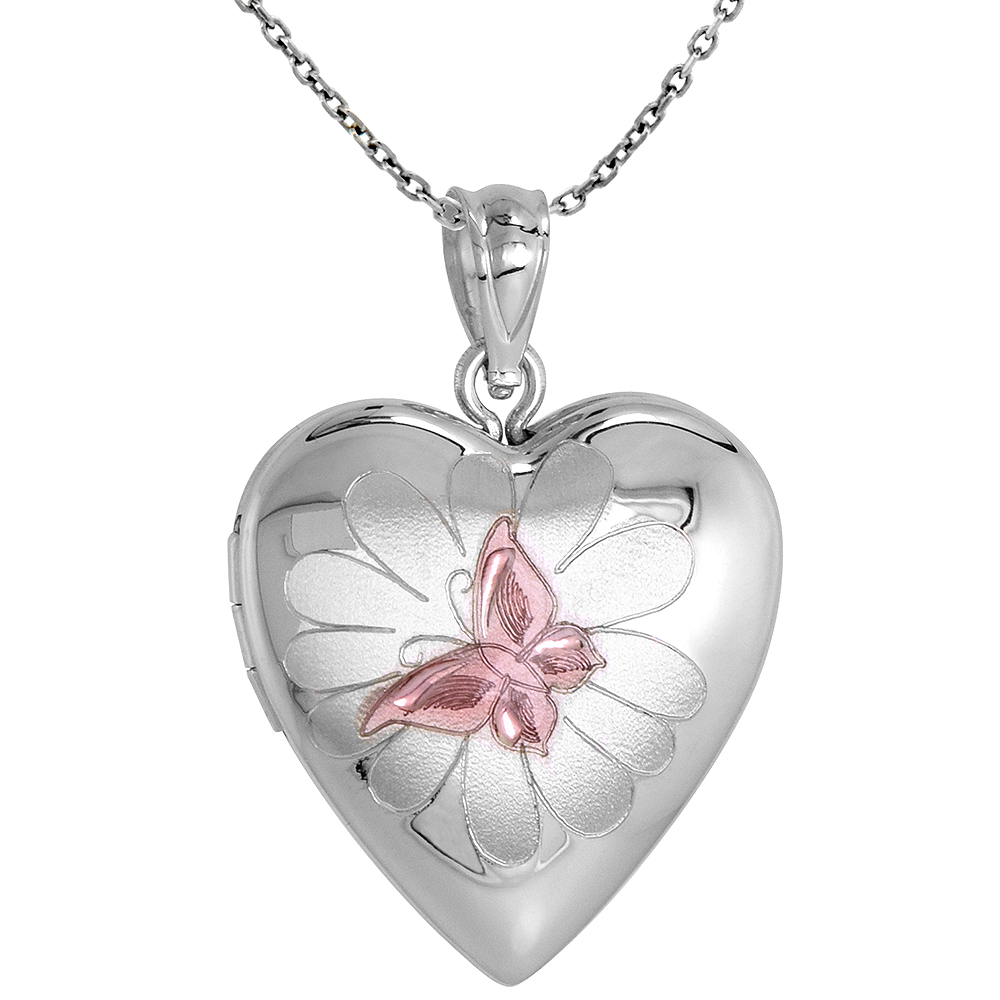 3/4 inch Sterling Silver Butterfly on Flower Locket Necklace for Women Heart Shape Pink Enamel 16-20 inch