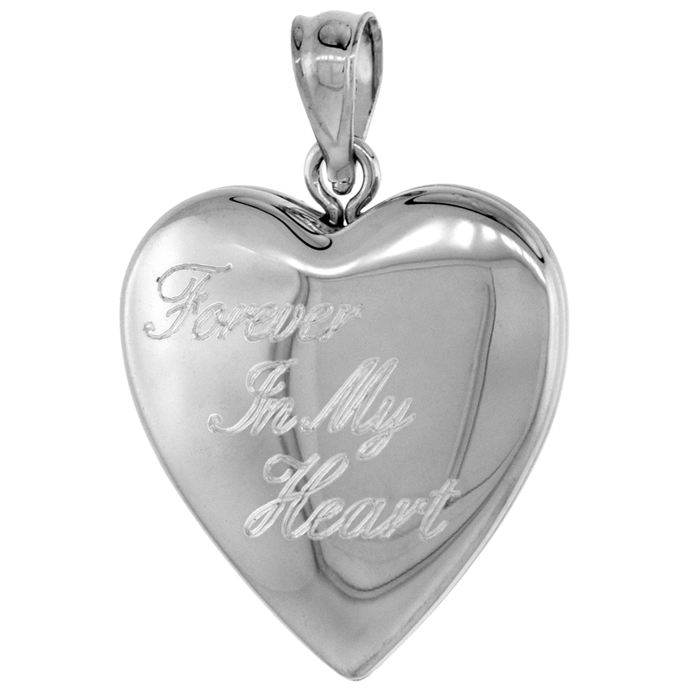 3/4 INCH STERLING SILVER HEART LOCKET PENDANT FOR WOMEN FOREVER IN MY HEART INSCRIPTION NO CHAIN