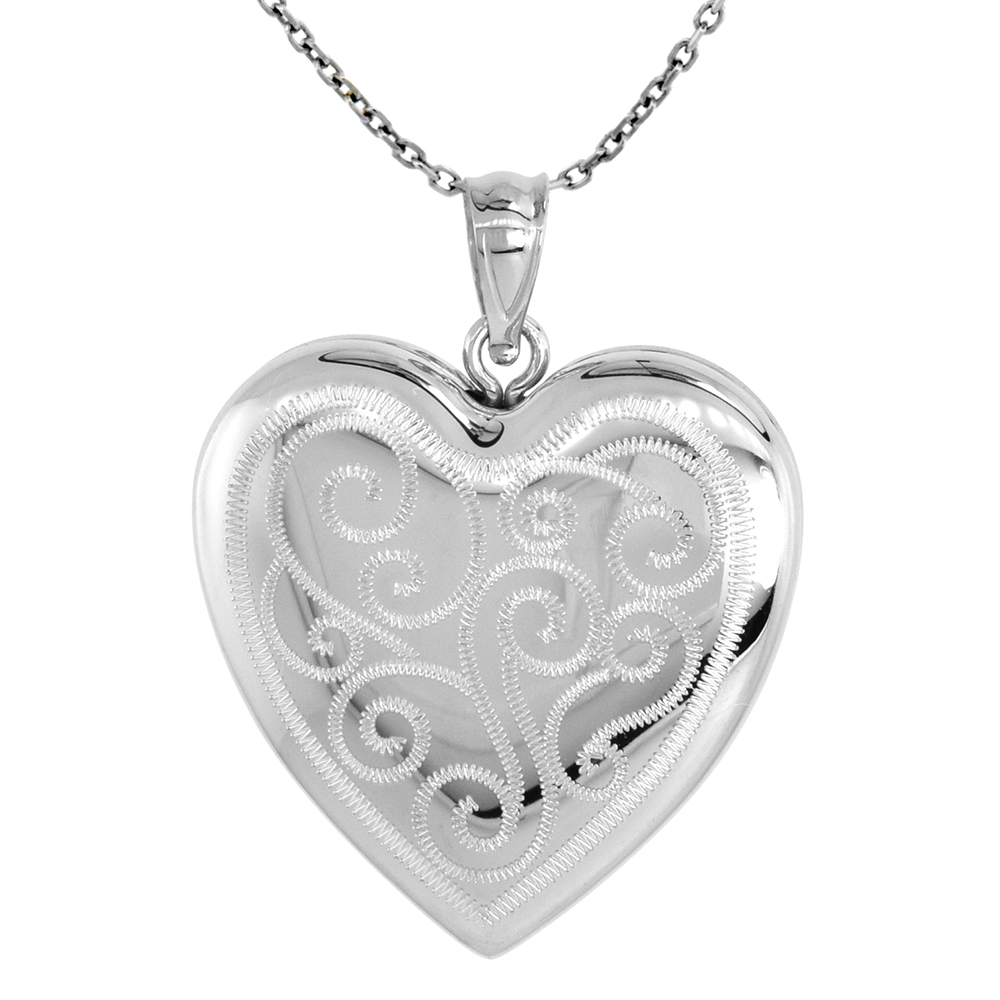1 inch Sterling Silver Heart Locket Necklace for Women 4 Picture Scroll Engraved 16-20 inch