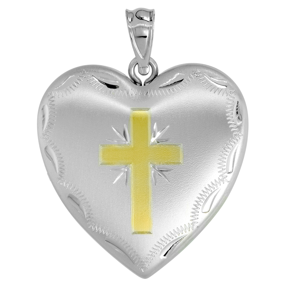 1 inch Sterling Silver Heart Locket Necklace for Women 4 Picture Gold Cross 16-20 inch