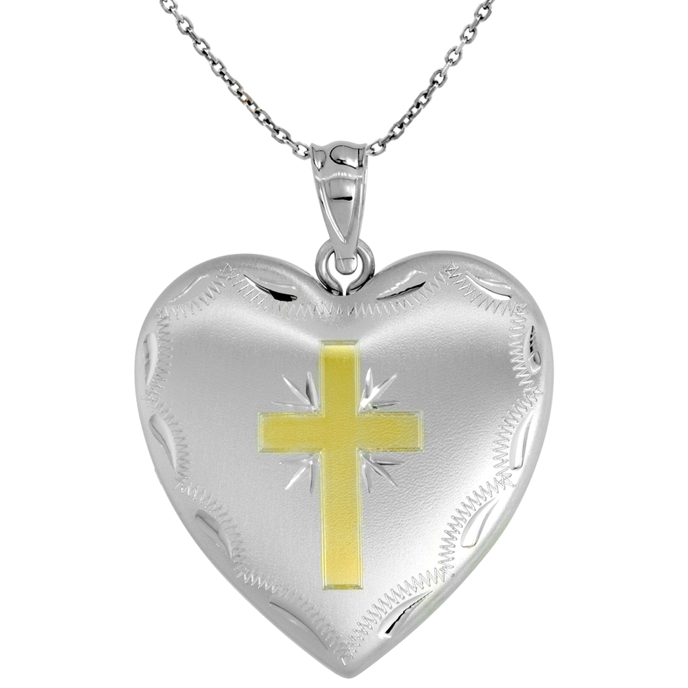 1 inch Sterling Silver Heart Locket Necklace for Women 4 Picture Gold Cross 16-20 inch
