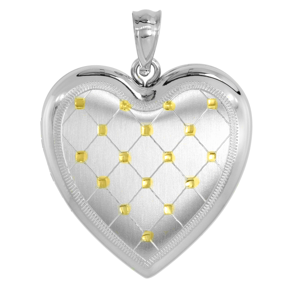 1 INCH STERLING SILVER HEART LOCKET PENDANT FOR WOMEN 4 PICTURE GOLD QUILT NO CHAIN