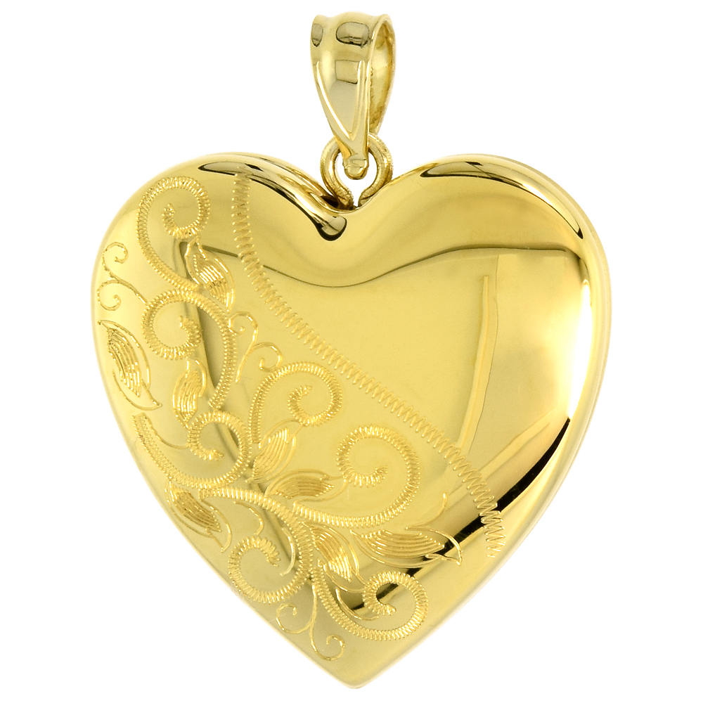 GOLD PLATED 1 INCH STERLING SILVER HEART LOCKET PENDANT FOR WOMEN SCROLL ETCHING NO CHAIN