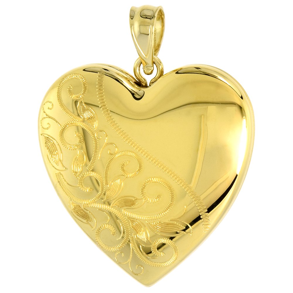 Gold plated 1 inch Sterling Silver Heart Locket Pendant for Women Scroll Etching NO CHAIN