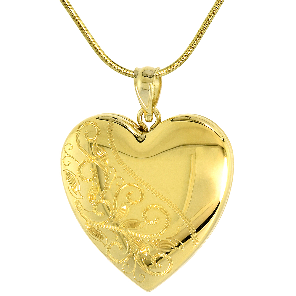 Gold plated 1 inch Sterling Silver Heart Locket Necklace for Women Scroll Etching 16-24 inch