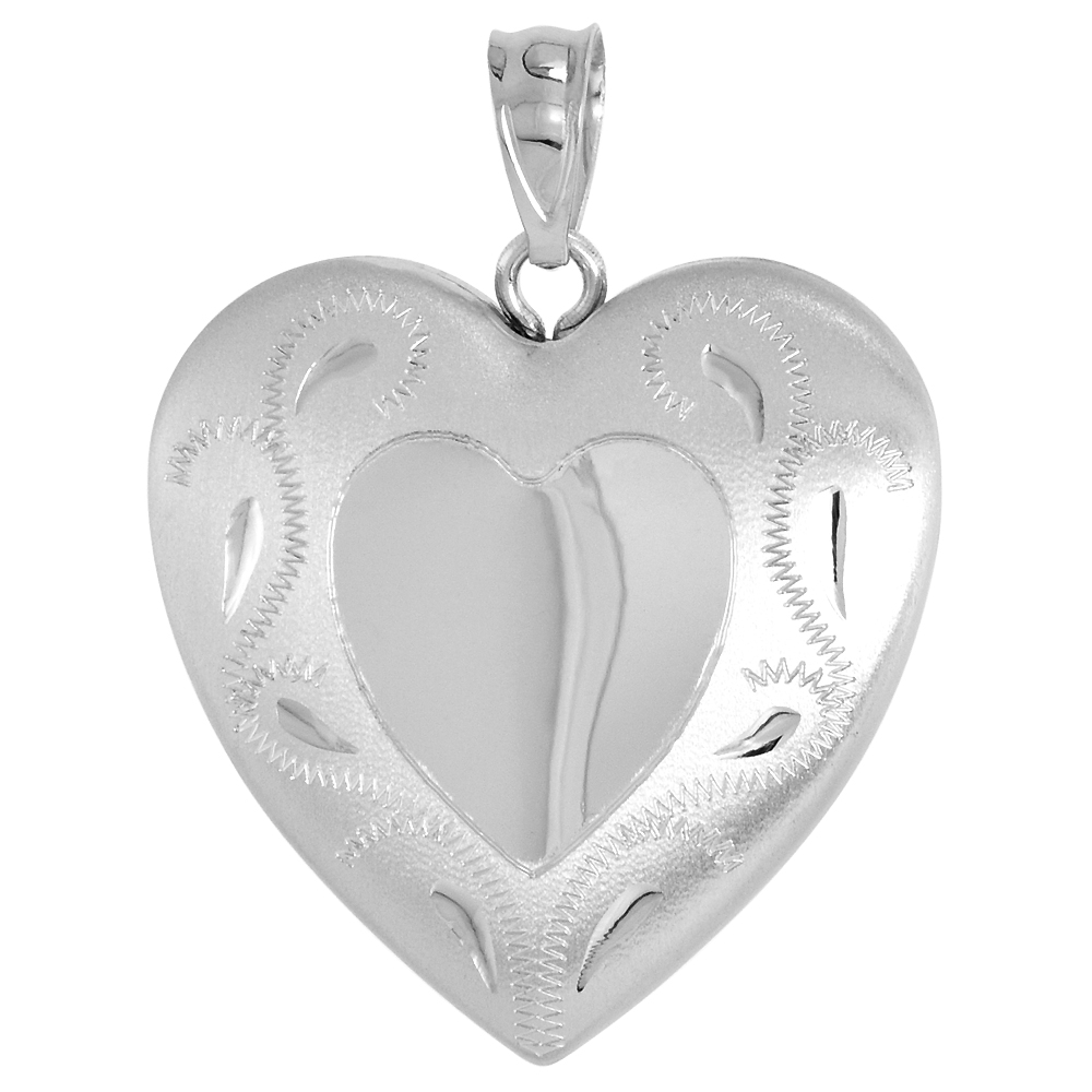 1 INCH STERLING SILVER HEART LOCKET PENDANT FOR WOMEN SCROLL ETCHING HEART CENTER NO CHAIN