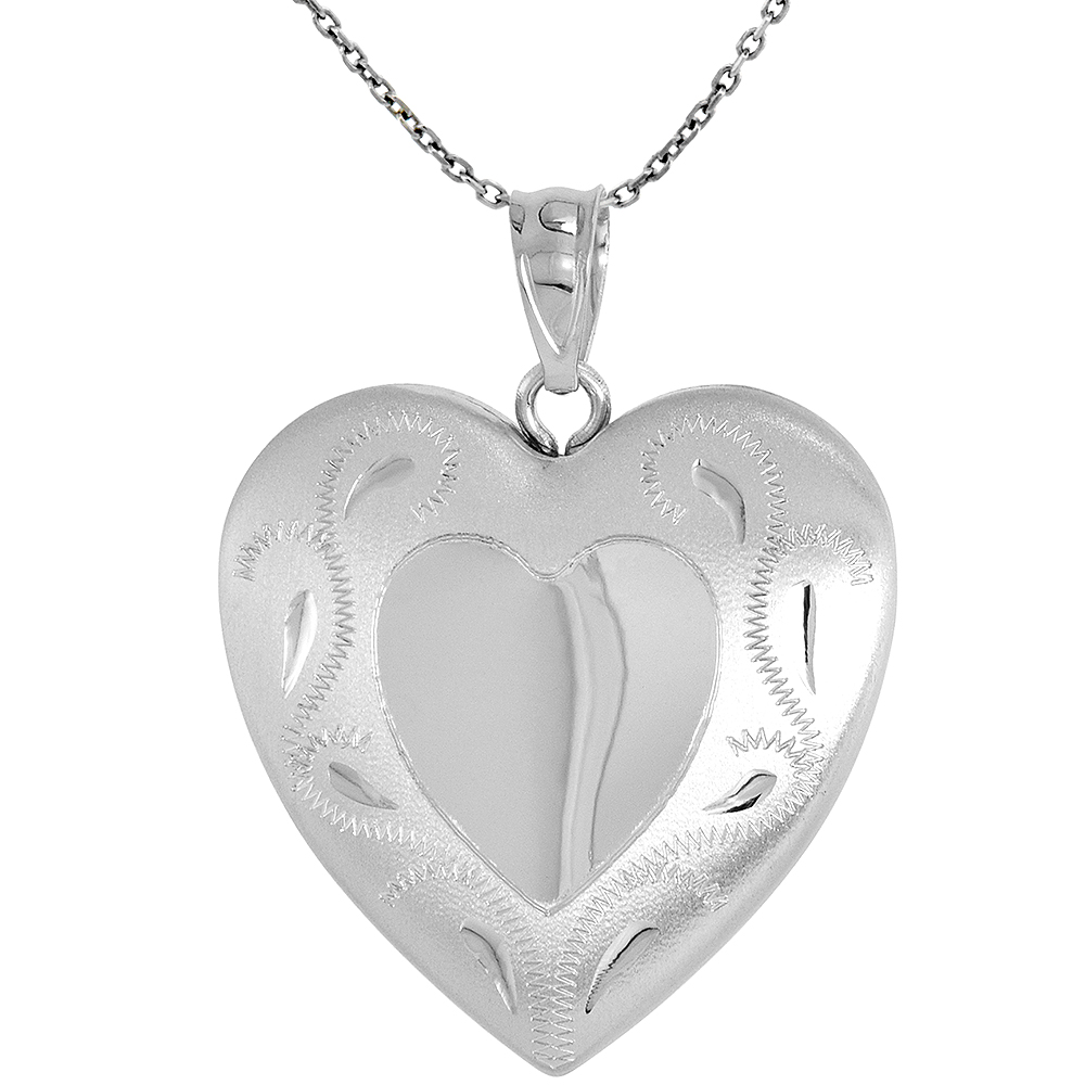 1 inch Sterling Silver Heart Locket Necklace for Women Scroll Etching Heart Center 16-20 inch