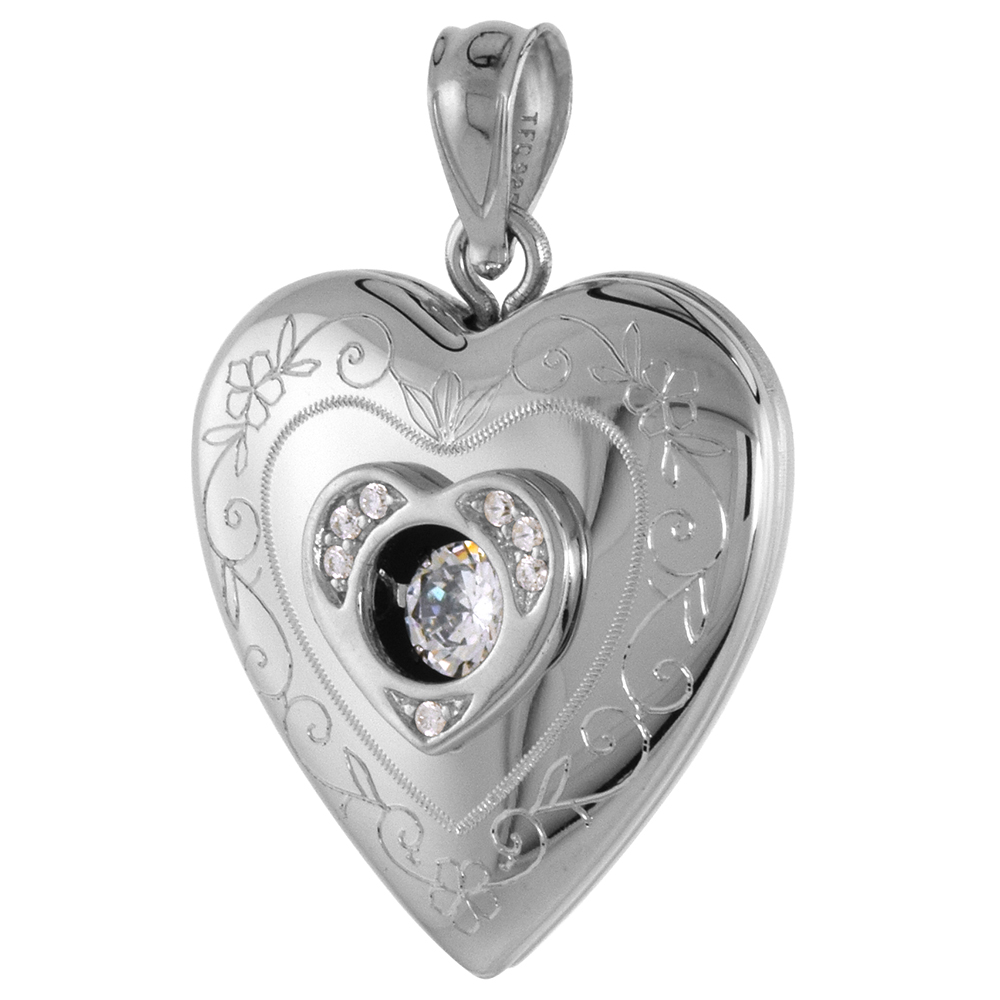 3/4 INCH ROUND STERLING SILVER CUBIC ZIRCONIA DANCING DIAMOND HEART LOCKET PENDANT FOR WOMEN SCROLL ETCHING 3/4 INCH NO CHAIN